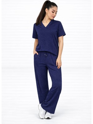 Lubiti Modal Kumaş Gömlek Yaka Kristal Taşlı Alt-Üst Takım/yüksek Bel Lastikli Yumuşak Dokulu Takım