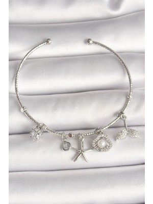 SHC4200 Mey Ithalat® Pirinç Gümüş Renk Sallantı Zirkon Taşlı Deniz Yıldız Figür Balık Kuyruğu Detay Charm K