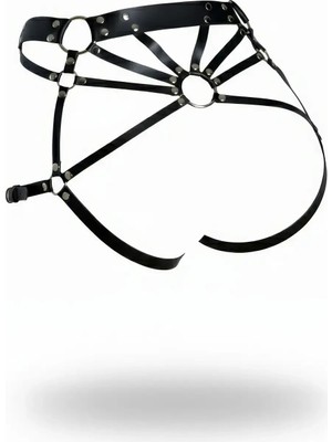 Beruflic Siyah Tanga - Külot Deri Bantlı Halka Detaylı Kalça Aksesuarı - BRF1048