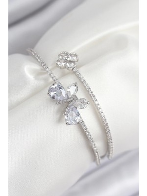 SHC4200 Mey Ithalat® Pirinç Zirkon Taşlı Yonca Model Gümüş Renk Kadın Bileklik