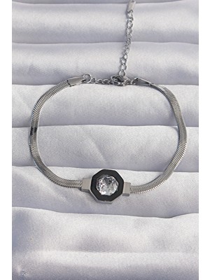 SHC4200 Mey Ithalat® Çelik Gümüş Renk Zirkon Taşlı Mineli Italyan Zincir Serenay Bileklik