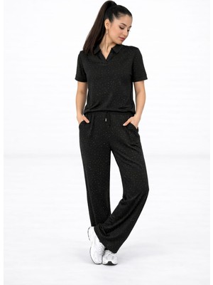 Lubiti Modal Kumaş Gömlek Yaka Kristal Taşlı Alt-Üst Takım/yüksek Bel Lastikli Yumuşak Dokulu Takım