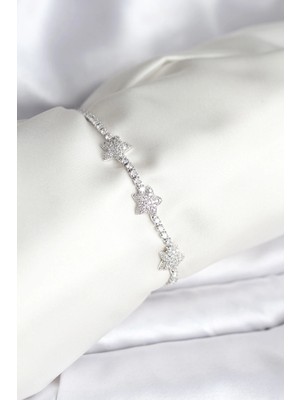 SHC4200 Mey Ithalat® Yıldız Model Zirkon Taşlı Gümüş Renk Pirinç Su Yolu Kadın Bileklik