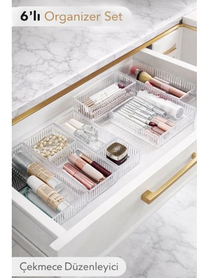 AY&ÇA Home 6'lı Kaydırma Sistemli Cam Görünümlü Plastik Çok Amaçlı Çekmece Içi Organizer Seti