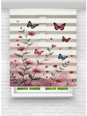 Enzo Home Kelebek ve Çiçek Desenli Baskılı Zebra Stor Perde – Modern Dekoratif Zebra Perde
