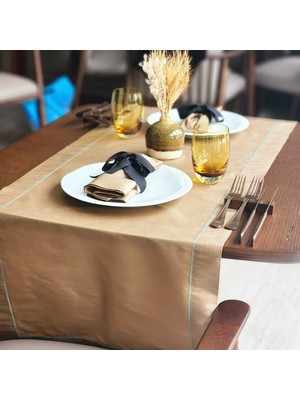 Alesta Home Açık Kahve %100 İpek Turkuaz Zikzak Dikişli Runner 50x160 cm