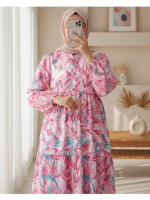 Modamorfo Çiçek Desenli Parçalı Kolu Lastikli Yarım Düğmeli Elbise -Mürdüm