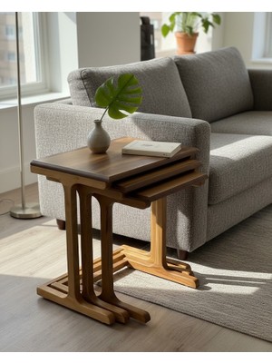 T Zigon - Gizli Tekerlekli 3’lü Sehpa Seti - Ceviz Kaplama & Lake Boyalı Gürgen Ayak