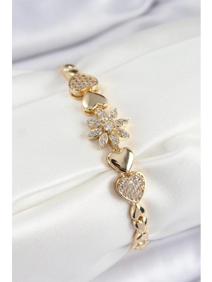 SHC4200 Mey Ithalat® Pirinç Zirkon Taşlı Detaylı Çiçek Model Gold Renk Kadın Bileklik