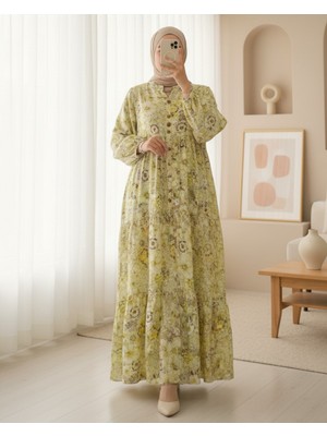 Modamorfo Yarım Düğmeli Kolu Lastikli Çiçek Baskılı Elbise   -Sarı