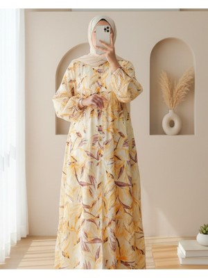 Modamorfo Çiçek Desenli Parçalı Kolu Lastikli Yarım Düğmeli Elbise -Hardal