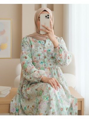 Modamorfo Yarım Düğmeli Kolu Lastikli Çiçek Baskılı Elbise   -Yeşil