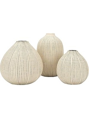 SHC4200 Creative Co-Op DF0842 Beyaz Taş Desenli Siyah Puantiyeli (3'lü Set) Vazo
