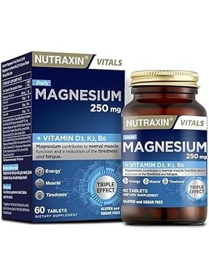 SHC4200 Nutraxin Magnesium Daily 250 | Magnezyum, D3K2 B6 Vitaminli | Şeker Gluten Içermez | 60 Ta