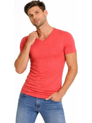 paris store Erkek T-Shirt V Yaka Slim Fit Dar Kesim Likralı Tişört Günlük Basic Body - Nar Çiçeği