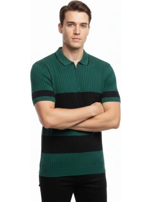 paris store Erkek T-Shirt Çizgili Triko Dokuma Kumaş Polo Yaka Yarım Fermuarlı Regular Kalıp Tişört - Çağla Yeşili
