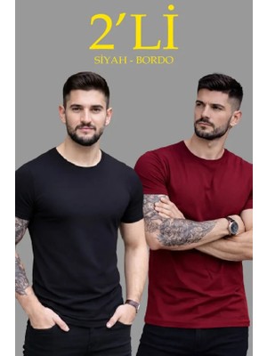 paris store Erkek 2li Bisiklet Yaka Tişört – Kısa Kollu Yazlık Slim Fit Body - Siyah - Bordo