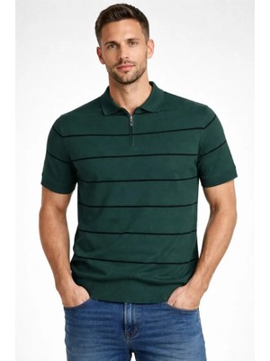 paris store Erkek T-Shirt Çizgili Triko Dokuma Kumaş Polo Yaka Yarım Fermuarlı Regular Kalıp Tişört - Çağla Yeşili
