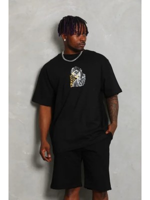 paris store Erkek Baskılı T-Shirt Kısa Kol Bisiklet Yaka Regular Fit Rahat Kalıp Günlük Tişört - Siyah