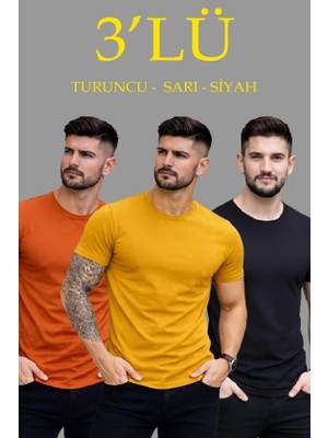 paris store Erkek 3lü Bisiklet Yaka Tişört – Kısa Kollu Yazlık Slim Fit Body - Siyah, Turuncu, Sarı