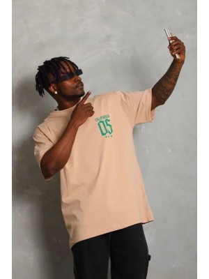 paris store Erkek Baskılı T-Shirt Kısa Kol Bisiklet Yaka Regular Fit Rahat Kalıp Günlük Tişört - Bej