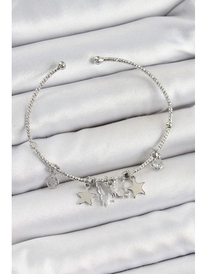 SHC4200 Mey Ithalat® Pirinç Zirkon Taşlı Yıldız Model Gümüş Renk Charm Bileklik