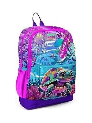 SHC4200 Coral High Dört Bölmeli Pembe Mor Kaplumbağa Desenli Ilkokul Sırt Çantası - Kız Çocuk