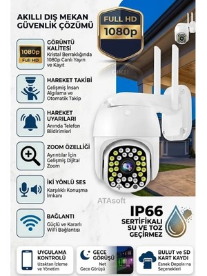 ATAsoft 360 Derece Yönlendirilebilir Wifi Akıllı  Haraket Sensörlü Takip 4x Zoom Ip Su Geçirmez Iç Dış Mekan Kamera 32 Ledli 1080P BLM05