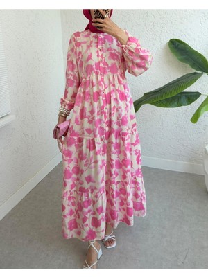 Modamorfo Yarım Düğmeli Kolu Lastikli Desenli Elbise  -Nar Çiçeği