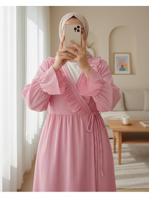 Modamorfo Önü Fırfırlı Bağlamalı Krinkıl Kimono   -Pembe