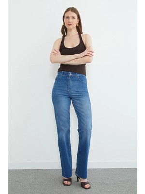 FullaModa Yüksek Bel  Kesik Paça Jean