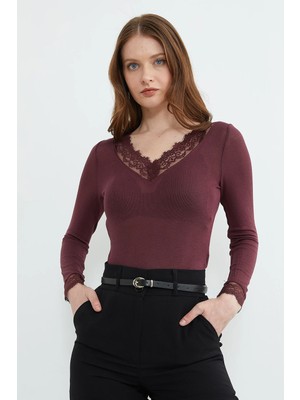 FullaModa Kol ve Yaka Dantelli Transparan Bluz