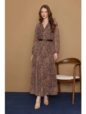 FullaModa Etnik Desenli Kemerli Yarım Düğmeli Elbise