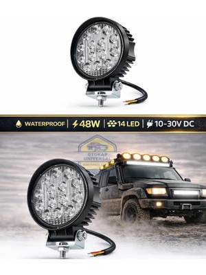 Otokap Universal Off Road Çalışma Lamba 9-30V 14 LED Yuvarlak Siyah Kalın Gövde Tır Kamyon Iş Makinesi Aydınlatma