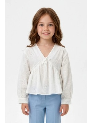 FullaModa Brode Detaylı V Yaka Kız Çocuk Bluz