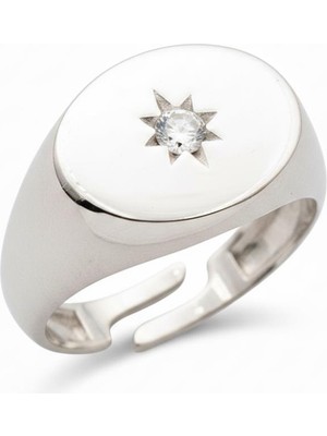 Tesbihane Beyaz Zirkon Taşlı Yıldız Detaylı Gümüş Renk Ayarlanabilir Ölçü 925 Ayar Gümüş Kadın Tektaş Yüzük