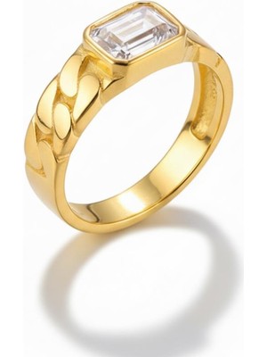 Tesbihane Beyaz Zirkon Taşlı Zincir Tasarım Gold Renk Free Size 925 Ayar Gümüş Kadın Tektaş Yüzük