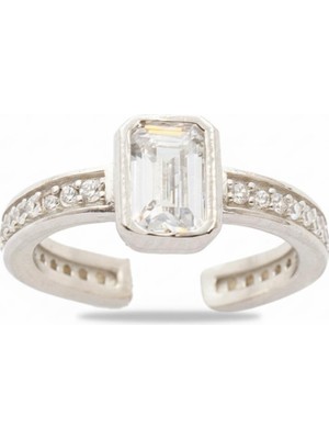 Tesbihane Baget Kesim Beyaz Zirkon Taşlı Silver Renk Free Size 925 Ayar Gümüş Kadın Tektaş Yüzük