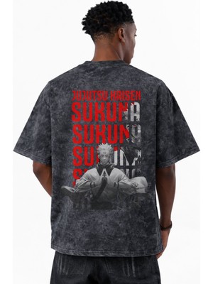 Sevbano Jujutsu Kaisen Sukuna Anime Baskılı Unisex Oversize Eskitme Yıkamalı Tişört