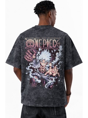 Sevbano Tasarım Monkey D. Luffy One Piece Anime Baskılı Unisex Oversize Eskitme Yıkamalı Tişört