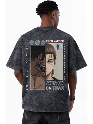 Sevbano Eren Yeager Attack On Titan Anime Baskılı Unisex Oversize Eskitme Yıkamalı Tişört