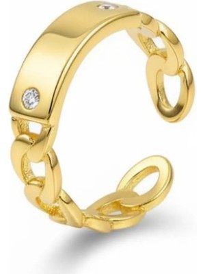 Tesbihane Zincir Tasarım Gold Renk Free Size 925 Ayar Gümüş Kadın Tektaş Yüzük