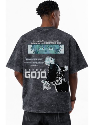 Sevbano Gojo Satoru Jujutsu Kaisen Anime Baskılı Unisex Oversize Eskitme Yıkamalı Tişört