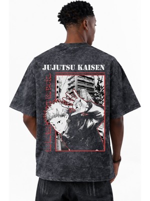 Sevbano Itadori Yuji Jujutsu Kaisen Anime Baskılı Unisex Oversize Eskitme Yıkamalı Tişört