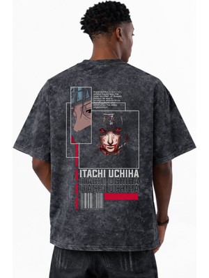 Sevbano Itachi Uchiha Naruto Anime Baskılı Unisex Oversize Eskitme Yıkamalı Tişört