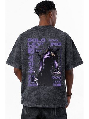 Sevbano Solo Leveling Sung Jin Woo Arise Anime Anime Baskılı Unisex Oversize Vintage Yıkamalı Tişört