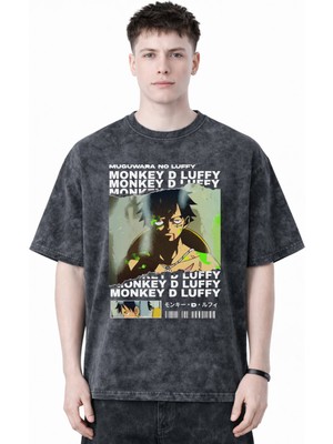 Sevbano Monkey D. Luffy One Piece Anime Baskılı Unisex Oversize Eskitme Yıkamalı Tişört