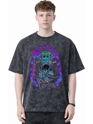 Sevbano Tasarım Solo Leveling Arise Sung Jin Woo Anime Baskılı Unisex Oversize Eskitme Yıkamalı Tişört