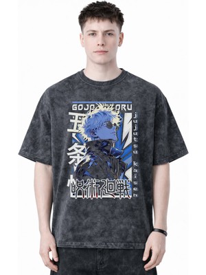 Sevbano Tasarım Gojo Satoru Jujutsu Kaisen Anime Baskılı Unisex Oversize Eskitme Yıkamalı Tişört