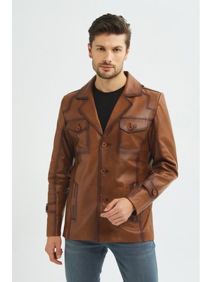 İkbal Christian Erkek Kahverengi Deri Mont Düz Desenli Şık Tasarım M Beden